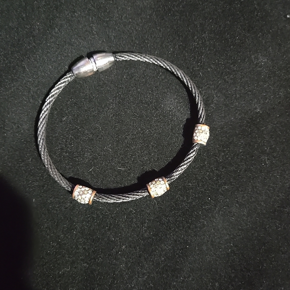 Black Cable cuff bracelet with copper qz cluster beads